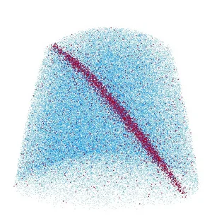 Atom probe tomography representation of grain boundary segregation.