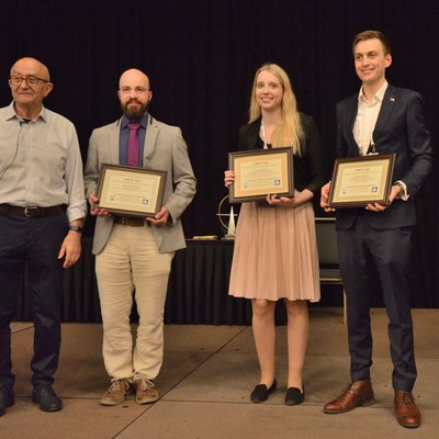 ©AVS Conference Photos, f.l.t.r.: Prof. Ivan Petrov (Chair of the Advanced Surface Engineering Division (ASED) Awards Committee), Andreas Kretschmer (TU Wien, Gold Finalist), Yvonne Moritz (Montanuniversität, Bronze Finalist), Damian Holzapfel (RWTH Aachen, Silver Finalist) 